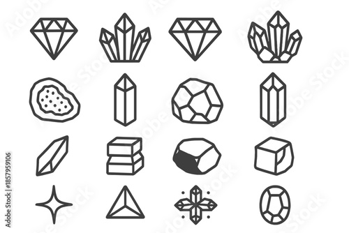 Crystal Icon Collection. Line style icons of crystals and minerals: gemstone, quartz cluster, diamond, amethyst, geode, crystal
