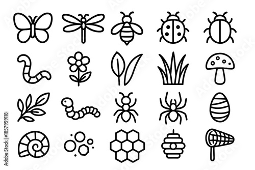 Nature and Insect Icons. Line style icons of nature and insects: butterfly, dragonfly, bee, ladybug, beetle, worm, flower, leaf,