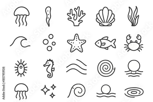 Marine Line Icons. Line style icons of jellyfish and sea life: jellyfish, tentacle, coral, seashell, seaweed, wave, bubble,