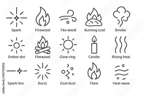 Line Style Fire Icons. Line style icons of embers and fire: spark, flame, ash swirl, burning coal, smoke, ember dot, firewood,