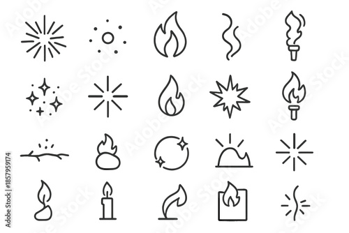 Fire Elements Icons. Line style icons of sparks and fire: spark burst, ember dot, flame flicker, smoke curl, heat wave, glow dust,