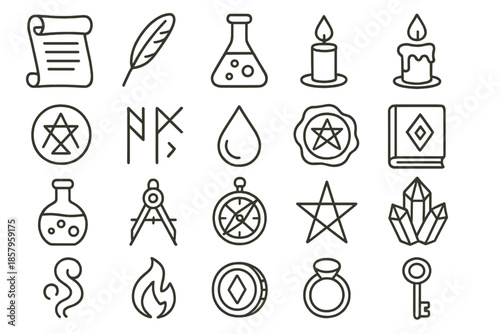 Alchemical Icon Set. Line style icons of alchemical writing: scroll, quill, flask, candle, symbol, runes, ink drop, wax seal,