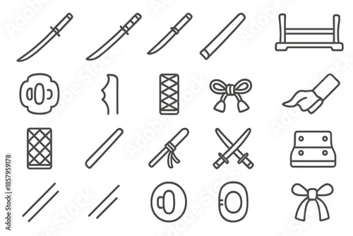 Samurai Weapon Icons. Line style icons of samurai weapons: katana, wakizashi, tanto, scabbard, sword stand, guard tsuba, blade