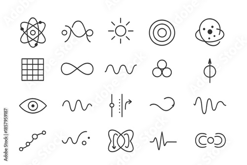 Quantum Mechanics Icons. Line style icons of quantum mechanics: atom orbit, wave particle, photon, energy ring, probability cloud,