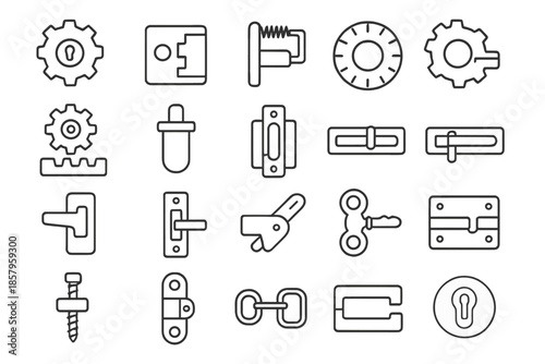 Mechanical Lock Icons. Line style icons of mechanical locks: gear wheel, tumbler, lever system, spring catch, cog rotation,