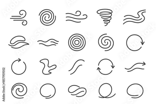 Dynamic Natural Motions. Line style icons of natural motion: wind swirl, water spin, air current, dust spiral, flowing stream,