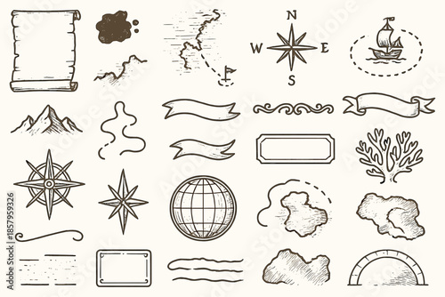 Vintage Cartography Icons. Line style icons of vintage cartography: parchment edge, ink blot, drawn coastline, ship route, compass