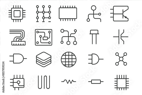 Microchip Line Icons. Line style icons of microchips: processor core, circuit grid, chip socket, transistor, micro connector,