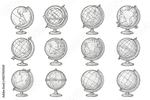 Antique Globe Icons. Line style icons of antique globes: world sphere, wooden base, latitude ring, meridian arc, compass rose,