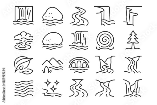 Waterfall Line Icons. Line style icons of Waterfall Scenery: waterfall, river rock, flowing stream, cliff edge, mist spray, moss