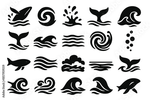 Ocean Whale Icons. Solid style icons of Ocean current whale: breaching whale, swirling current, sea spray, diving fluke, ocean