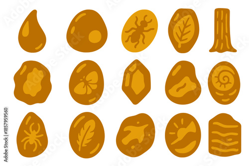 Resin Preservation Icons. Solid style icons of Resin preservation: dripping sap, sticky resin, insect shape, leaf imprint, bark