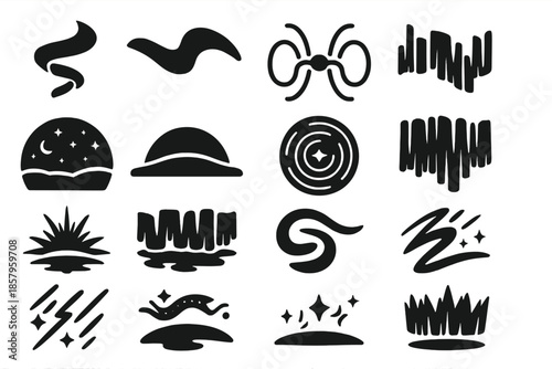 Aurora Icon Collection. Solid style icons of Aurora Phenomenon: light ribbon, wave arc, magnetic field, color streak, night sky,