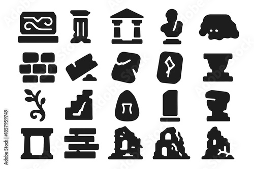 Ancient Ruins Icons. Solid style icons of Ancient Ruins: carved stone, broken pillar, temple arch, weathered statue, stone wall,