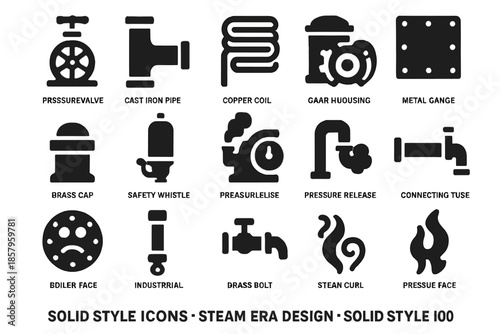 Steam Era Icons. Solid style icons of Steam Era Design: pressure valve, cast iron pipe, copper coil, riveted plate, brass cap,