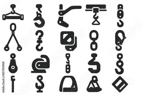 Container Tool Icons. Solid style icons of Container Handling Tools: spreader bar, hook clamp, hoist lever, crane trolley, pulley