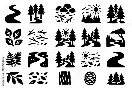 Forest Path Icons. Solid style icons of Forest Path Discovery: winding forest path, tall trees, moss-covered stones, dappled