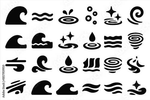 Water Iconography. Solid style icons of Water and Tide Effects: wave crest, flowing current, ripple arc, bubble line, soft spray,