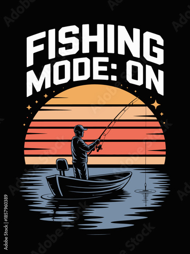 A person is fishing from a boat during a picturesque sunset. The phrase 'Fishing Mode: On' i