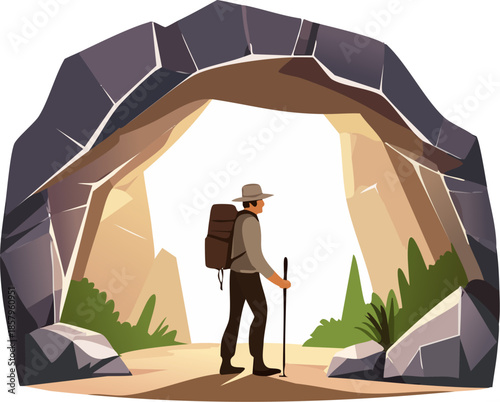 Flat vector illustration of a hiker with a backpack standing at the entrance of a stone cave archway. Generative AI