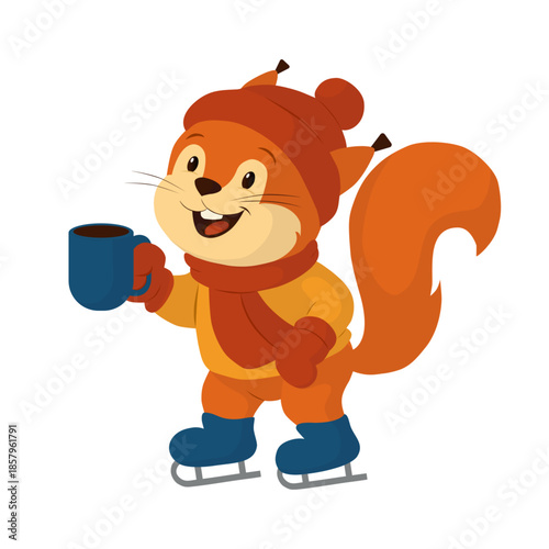 A cute squirrel wearing a red scarf and ice skates holding a mug of hot drink. Illustration in a flat vector style. The character is suitable for posters, postcards, skating rink advertisements, and