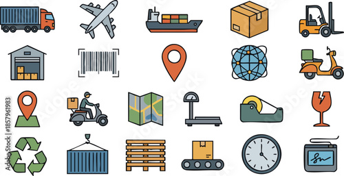 Logistics Delivery and Transportation Icon Set. Flat Vector Illustration Design.