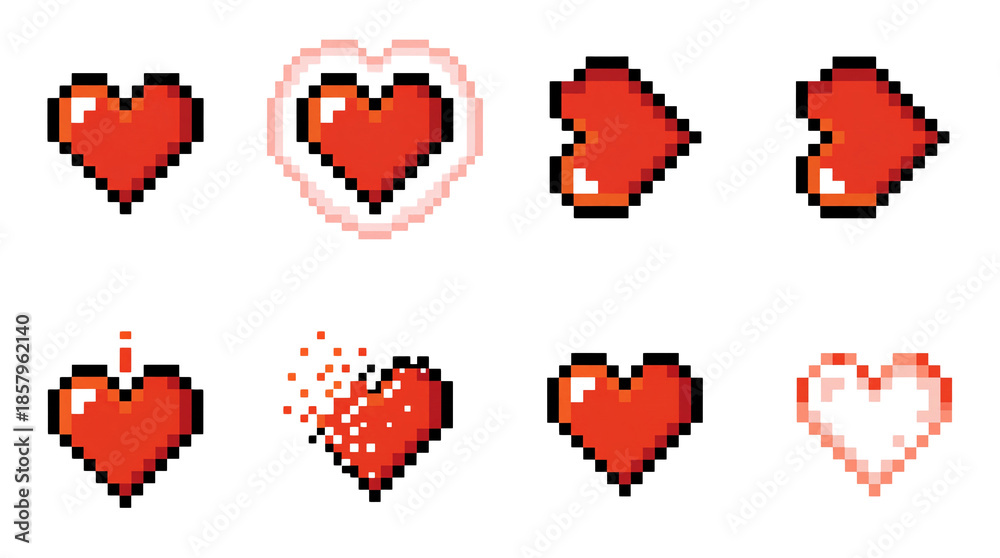 Obraz premium Pixel Heart Game Asset Collection on transparent background