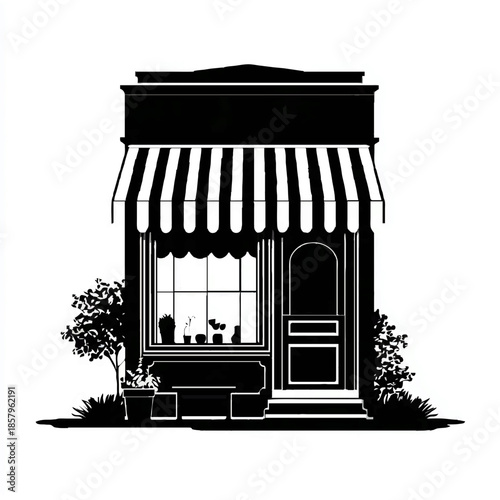 Black and White Storefront with Striped Awning

