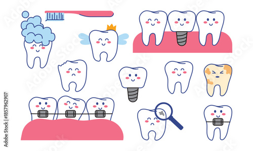 Cartoon tooth character vector flat illustration. Tooth Braces. Teeth emoji.