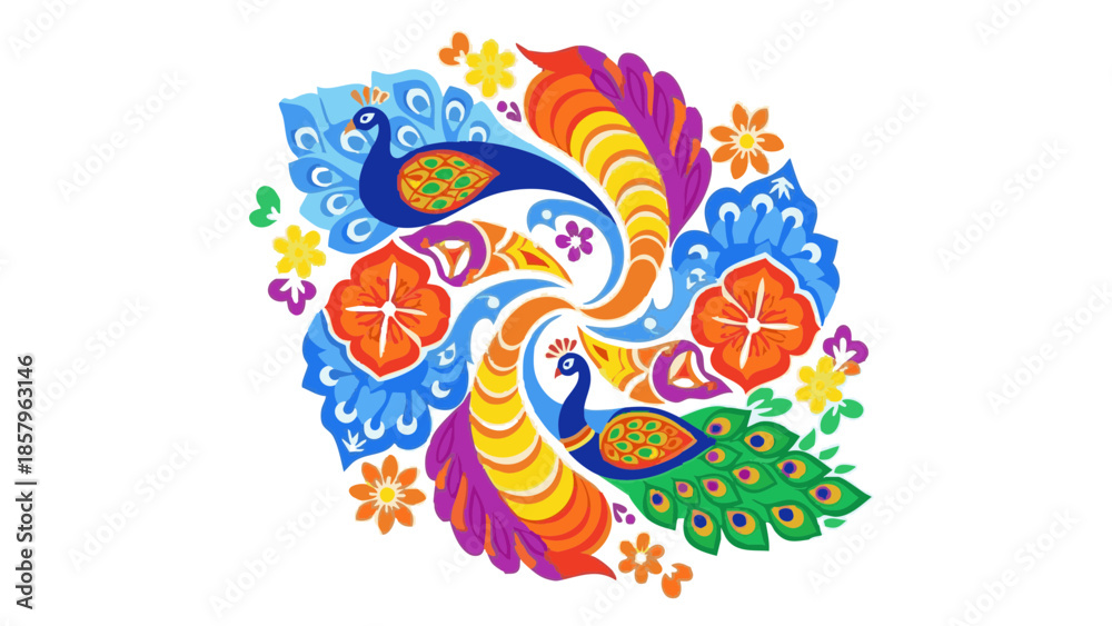 Fototapeta premium Vibrant rangoli design featuring peacocks and floral patterns for Holi 