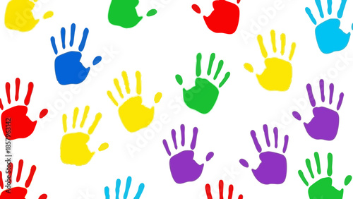 Colorful handprints in vibrant patterns on a white background  