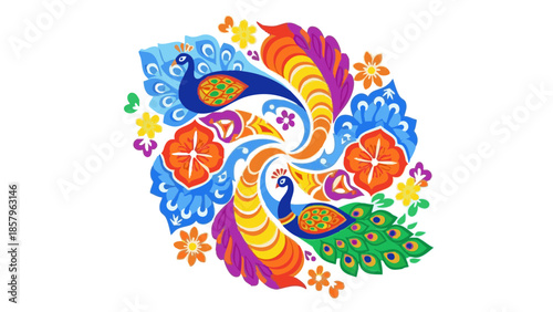 Vibrant rangoli design featuring peacocks and floral patterns for Holi  