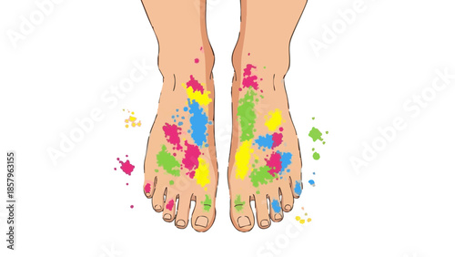 Feet covered in colorful powdered paint during Holi festival  