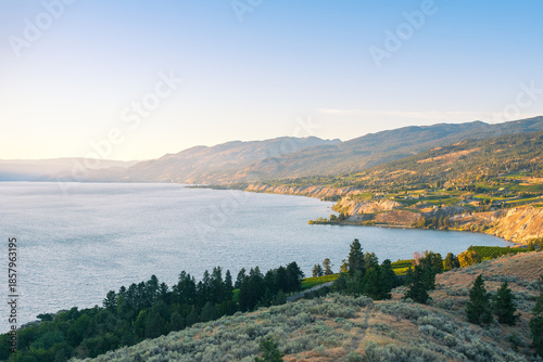 View from above of Okanagan Lake and the Naramata Bench in summer