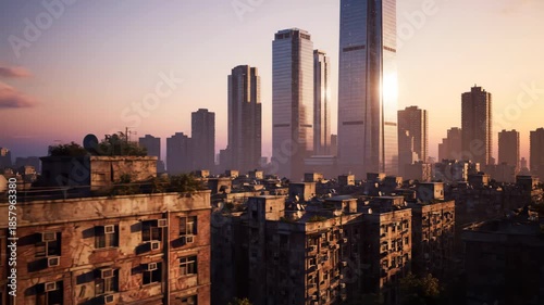 Urban cityscape featuring dilapidated buildings and modern skyscrapers during sunset with orange sky. Highlighting themes of urban decay, textured walls, and rooftop vegetation.