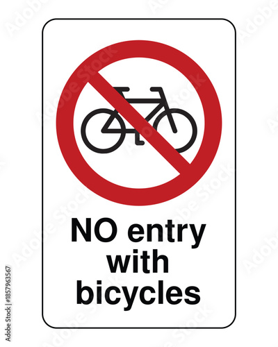 No Entry with Bicycles Safety Sign with Red Prohibitory Symbol and Bicycle Icon for Pedestrian Zones and Restricted Cycling Areas - Professional Vector Stock Image