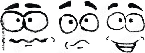 Three cartoon faces in silhouette with different expressions