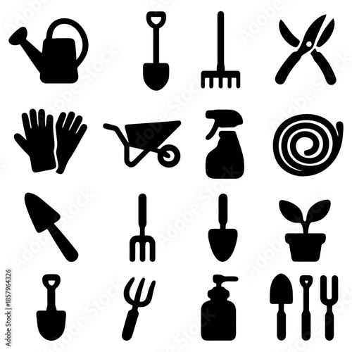 Garden Essentials Icon Set: A neatly arranged collection of gardening tools, each silhouetted in striking detail, ready to inspire and assist in cultivating thriving gardens. 