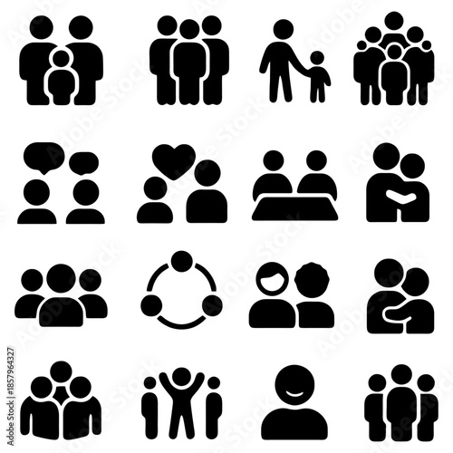 Diverse Community Icons: A collection of black and white icons representing various aspects of community, relationships, and human connections, showcasing unity and diverse interactions.