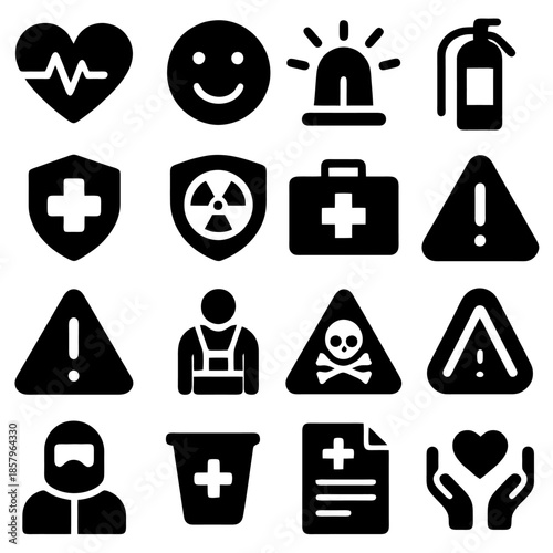 Safety and Emergency Icon Set: A collection of essential safety and emergency icons, each representing critical aspects of health, protection, and response.