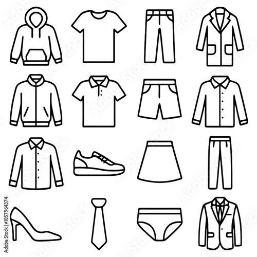 Fashion Essentials: A collection of various attire from casual wear to formal ensemble. including all fashion essentials such as a jacket, t-shirt, skirt, and more. designed with simplicity.