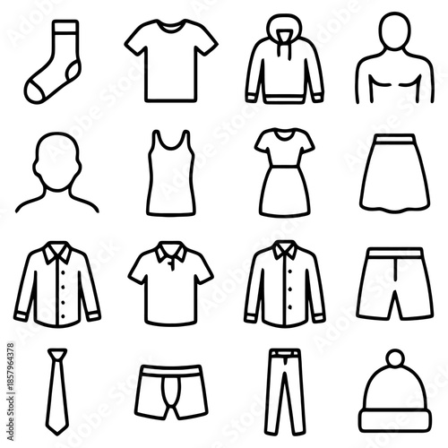 Fashionable Line Art Icons: A collection of simple line art clothing icons showcase various apparel, suitable for design and style concepts.