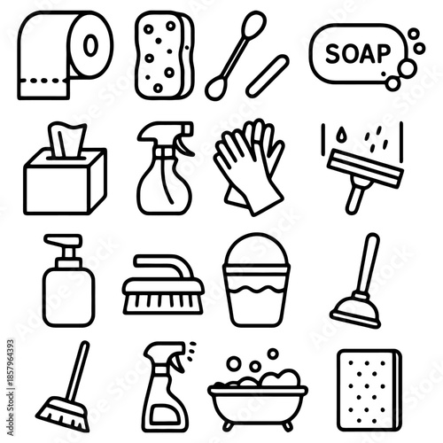 Cleaning Essentials: A comprehensive collection of everyday cleaning supplies, tools and instruments for effective household maintenance and cleanliness.