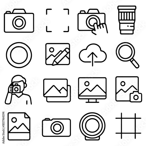 Photography Icon Set: A comprehensive collection of photography icons, illustrating the various tools and elements essential for capturing and creating visual content. 