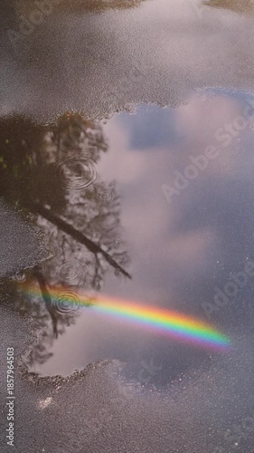 Rainbow Reflecting on Puddle with Tree and Sky View in Soft Natural Light