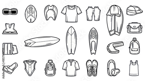 Assorted surf and watersports equipment vector illustrations isolated
