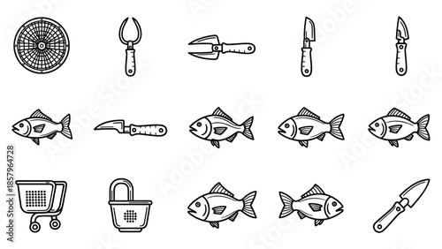 Assortment of fishing tools and fish vector illustration in monochrome