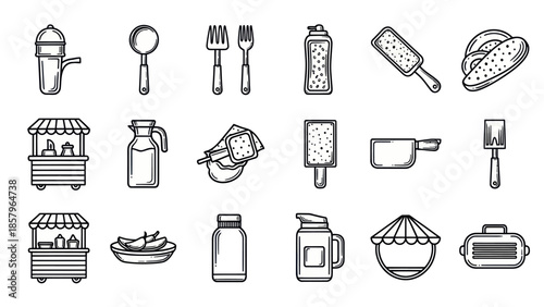 Assortment of food and beverage icons illustrated in black and white