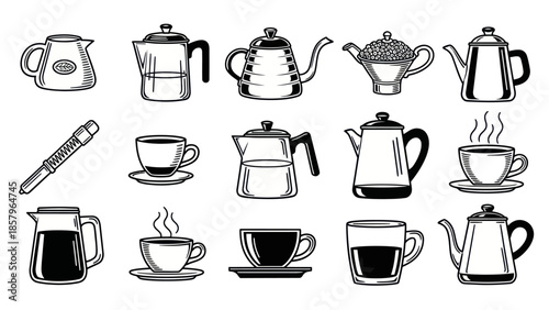Assortment of coffee pots and cups illustration for beverage concepts