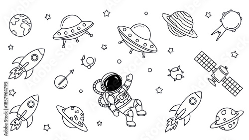 Astronaut and space elements black and white vector illustration